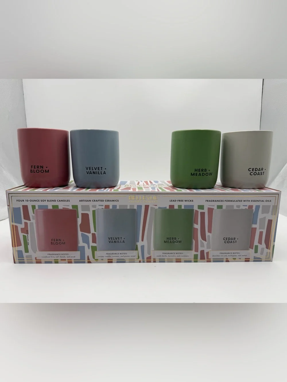 Bellevue Luxury Candles 4 Pc Soy Blend Candle Set 10 oz Ceramic Jars NEW